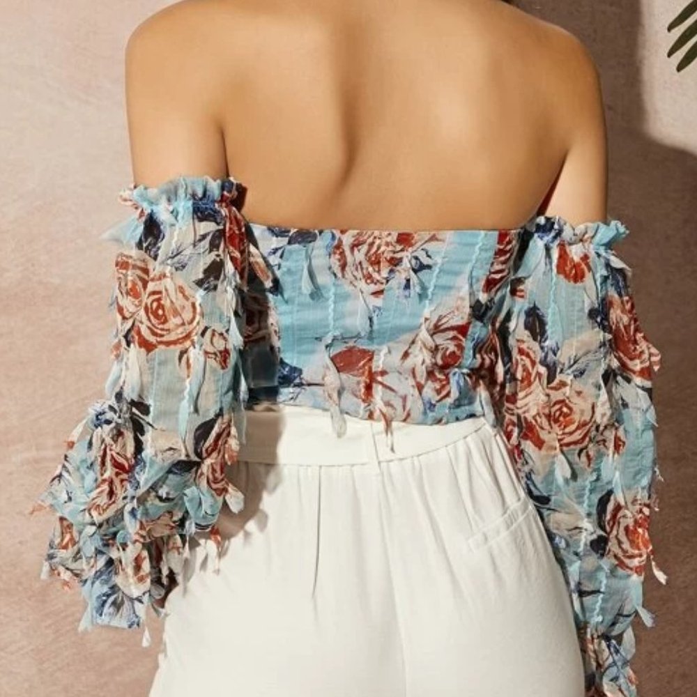 Blue Floral Off-Shoulder Top in M, L - Picture 2 of 3